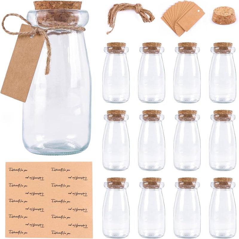 OurWarm 3.4oz Small Glass Jars with Lids, 12PCS Mini Glass Jars with Cork Twine Tags & Stickers, Versatile Potion Bottle Honey Spice Vials Candy Jars for DIY Crafts Birthday Wedding Gifts Party Favors - Image 1